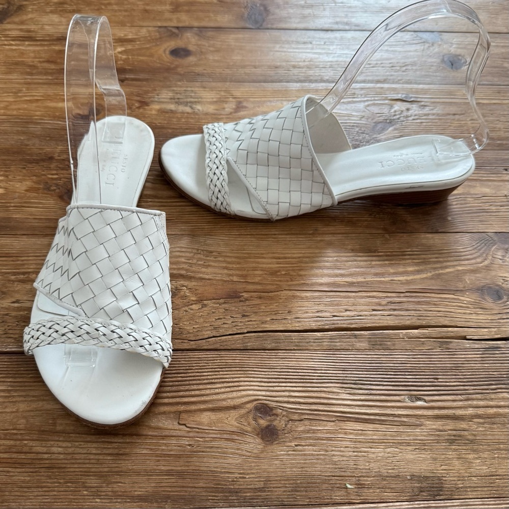 Sesto Meucci Slip on Mule Sandals White‎ Woven Leather Italy Women's 8.5 EUC